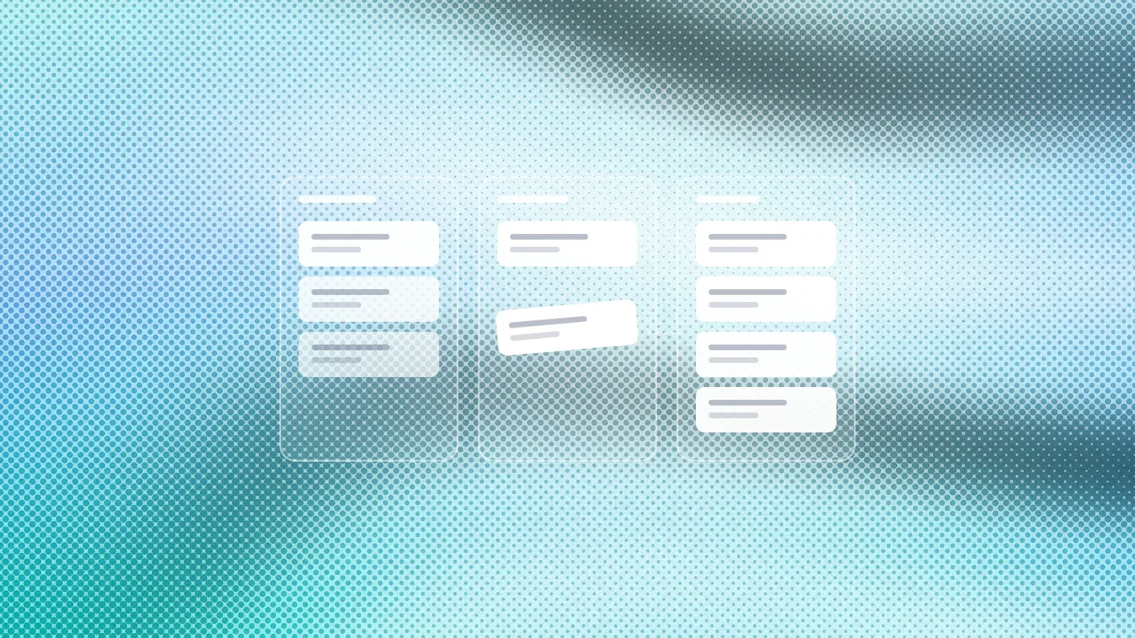 Fondo abstracto en turquesa y azul con trama de puntos; encima, un tablero kanban sencillo con tres columnas y tarjetas.